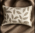 Botanical Leaf Embroidered Lumbar Cushion Cover | Rustic Decorative Throw Pillow with Fringe Edges