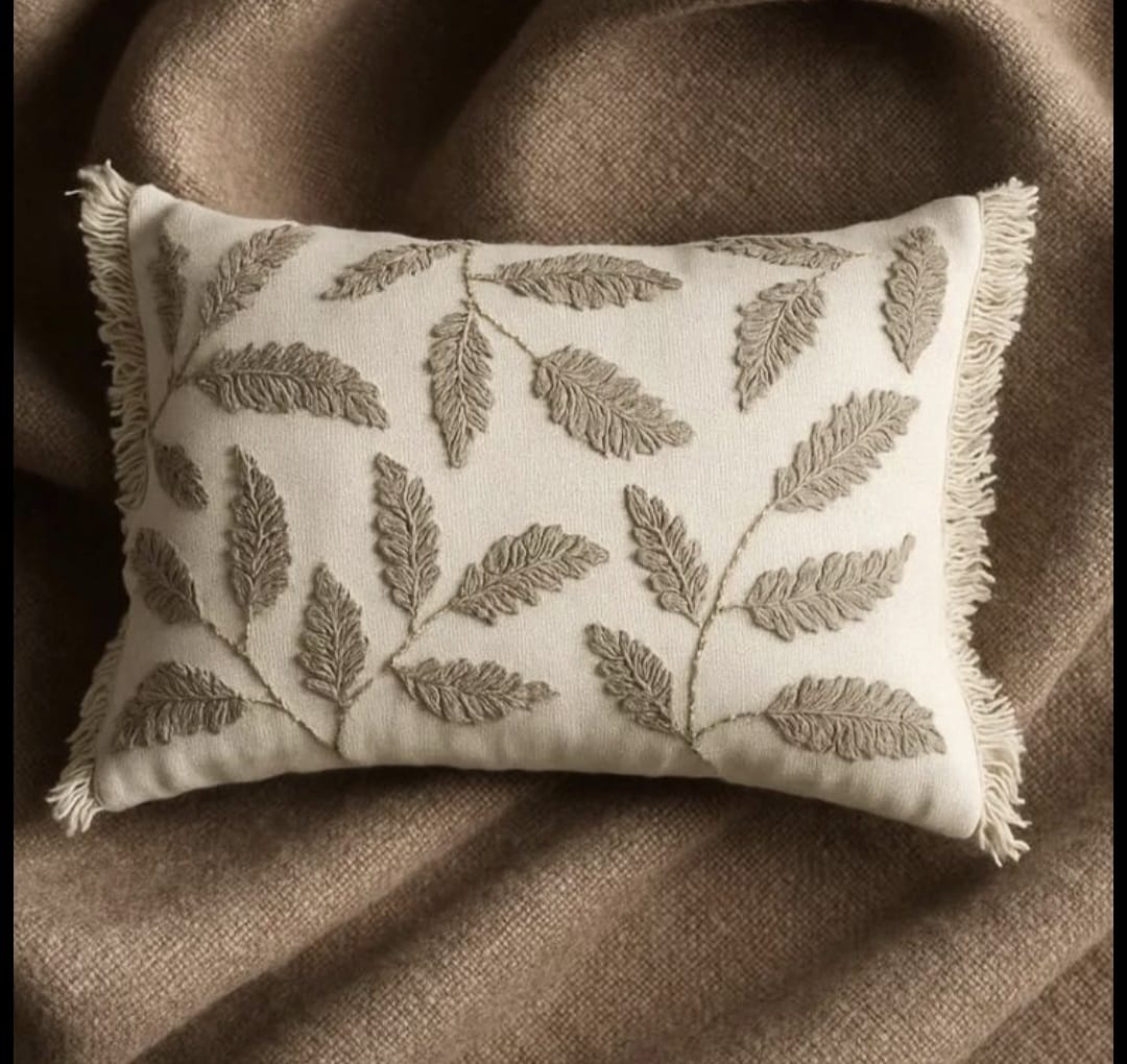 Botanical Leaf Embroidered Lumbar Cushion Cover | Rustic Decorative Throw Pillow with Fringe Edges