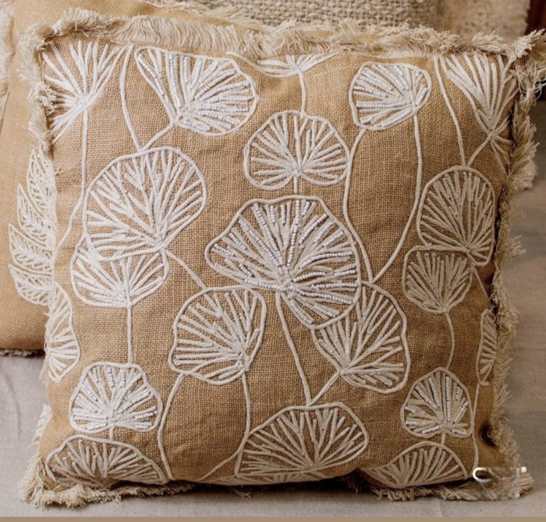 Boho Leaf Embroidered Cushion Cover | Rustic Decorative Throw Pillow with Fringe Edges