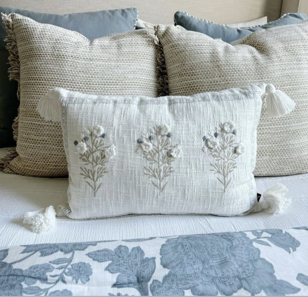Floral Embroidered Lumbar Cushion Cover with Tassels