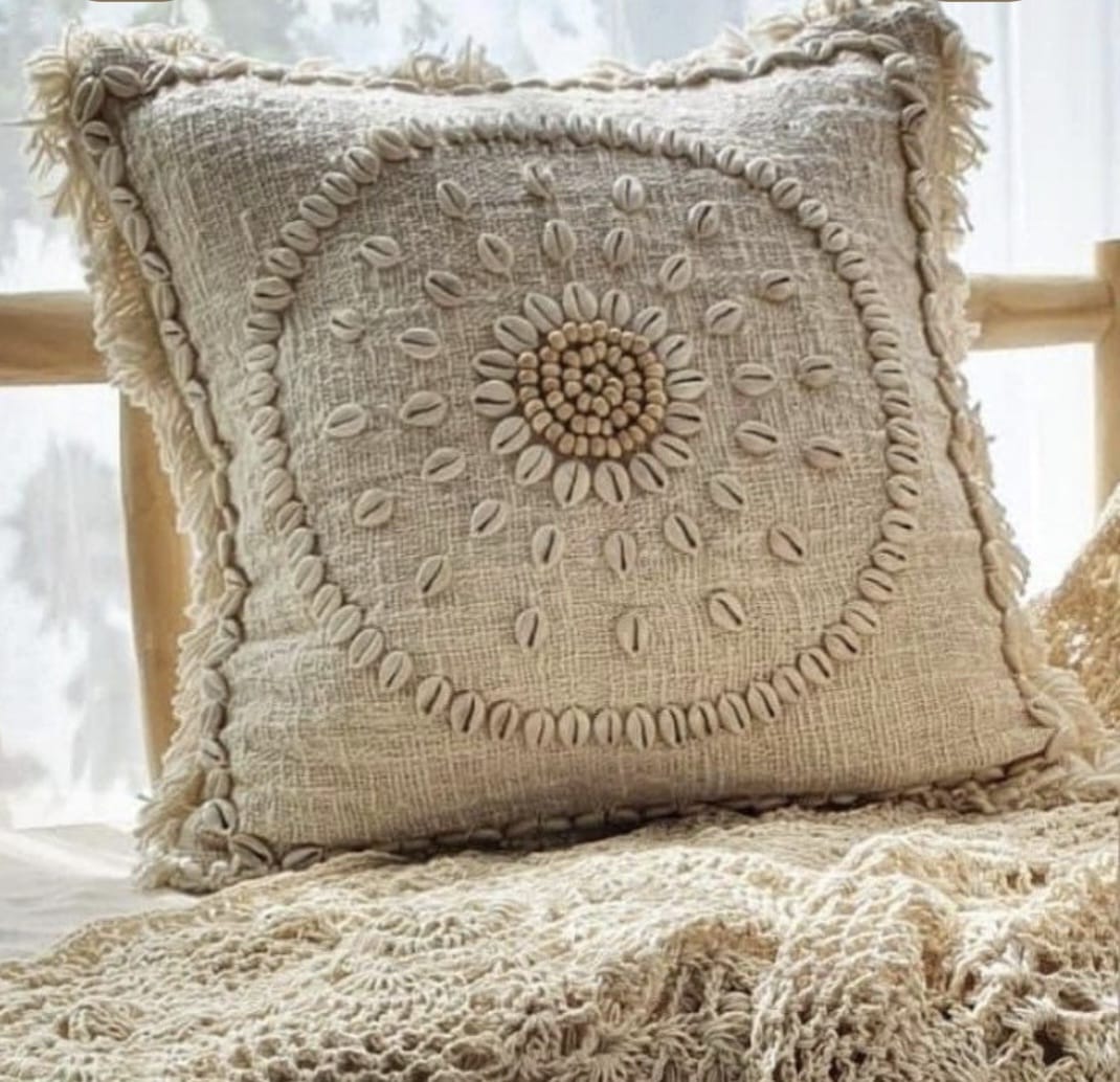 Boho Shell Embroidered Cushion Cover with Fringe Border