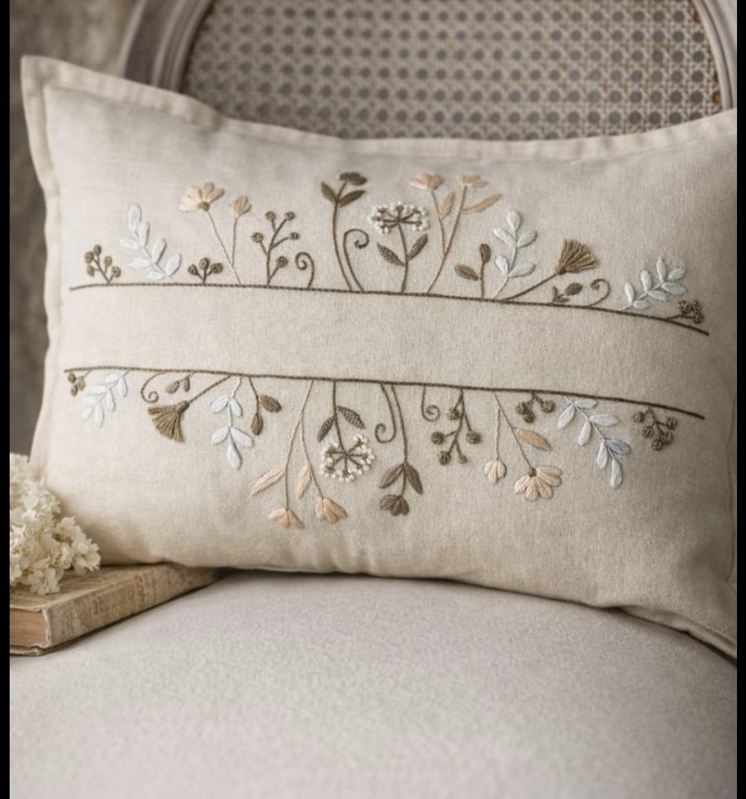 Minimal Floral Embroidered Cushion Cover | Elegant Botanical Decorative Throw Pillow