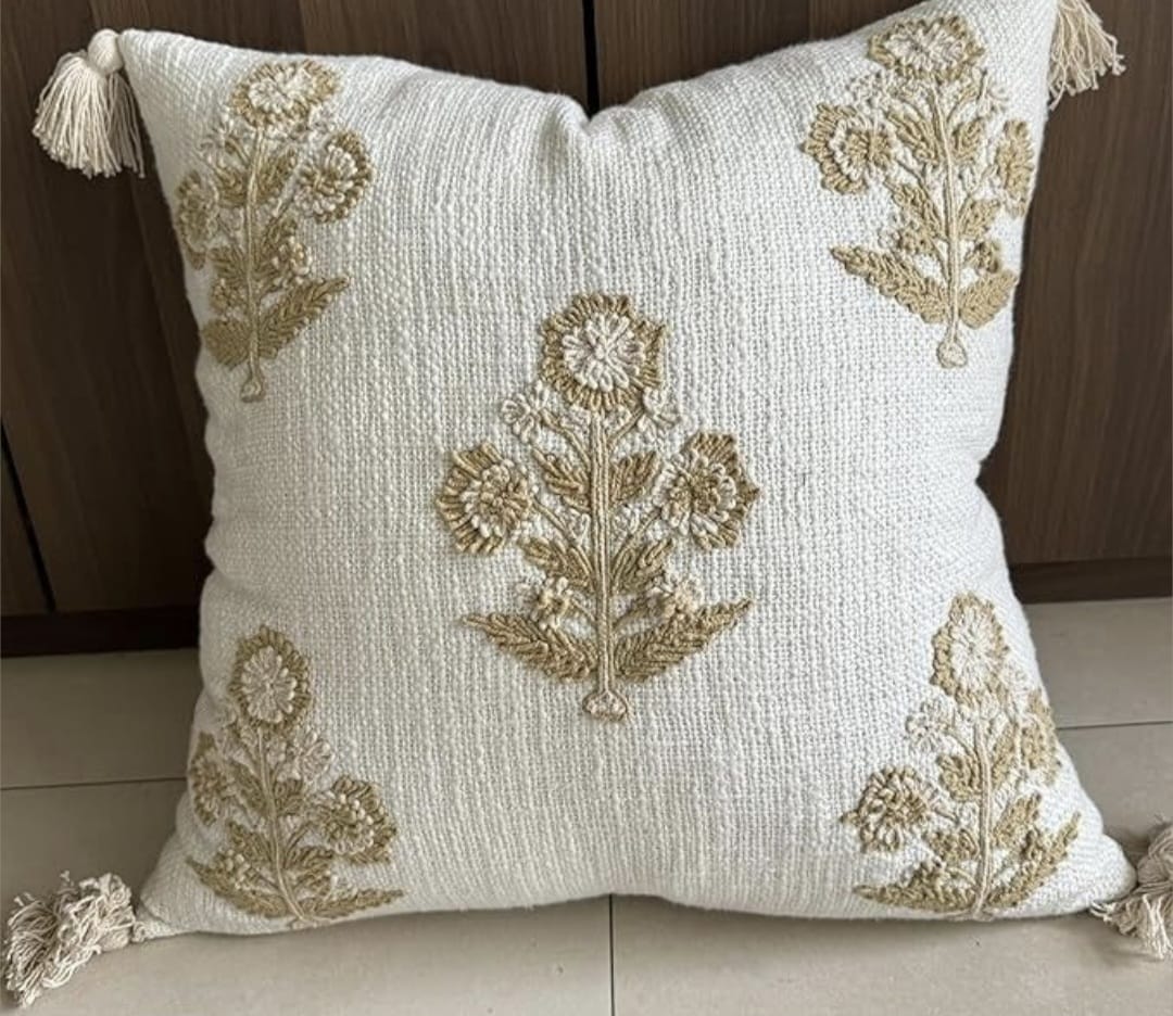 Boho Floral Embroidered Cushion Cover with Tassels