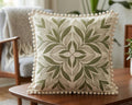 Botanical Leaf Embroidered Cushion Cover with Pom Pom Border