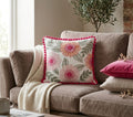 Floral Embroidered Cushion Cover with Pom Pom Pink Border