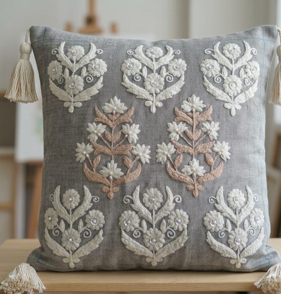 Elegant Floral Embroidered Cushion Cover with Tassels | Vintage Decorative Throw Pillow