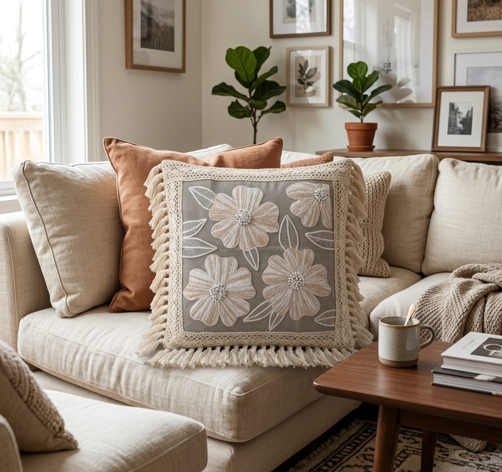 Boho Floral Embroidered Cushion Cover with Lace and Tassel Fringe | Decorative Throw Pillow