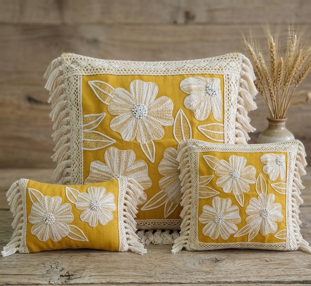 Boho Floral Embroidered Cushion Cover with Lace & Tassels | Decorative Yellow Throw Pillow