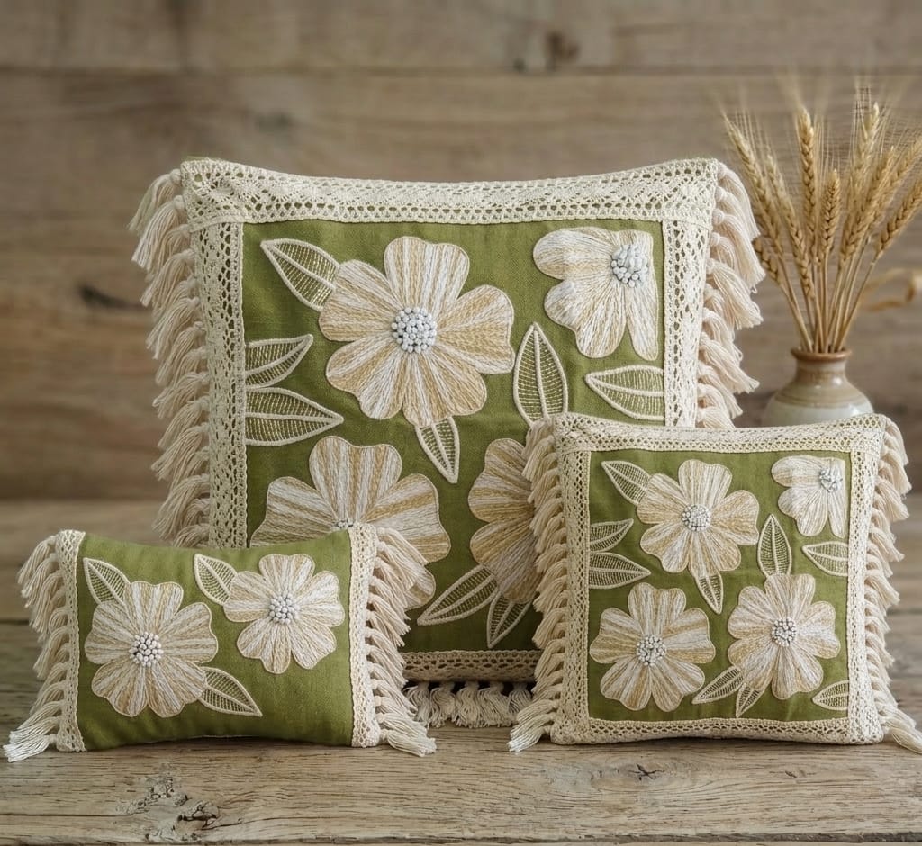 Green Floral Embroidered Cushion Cover with Lace & Tassels | Boho Decorative Throw Pillow