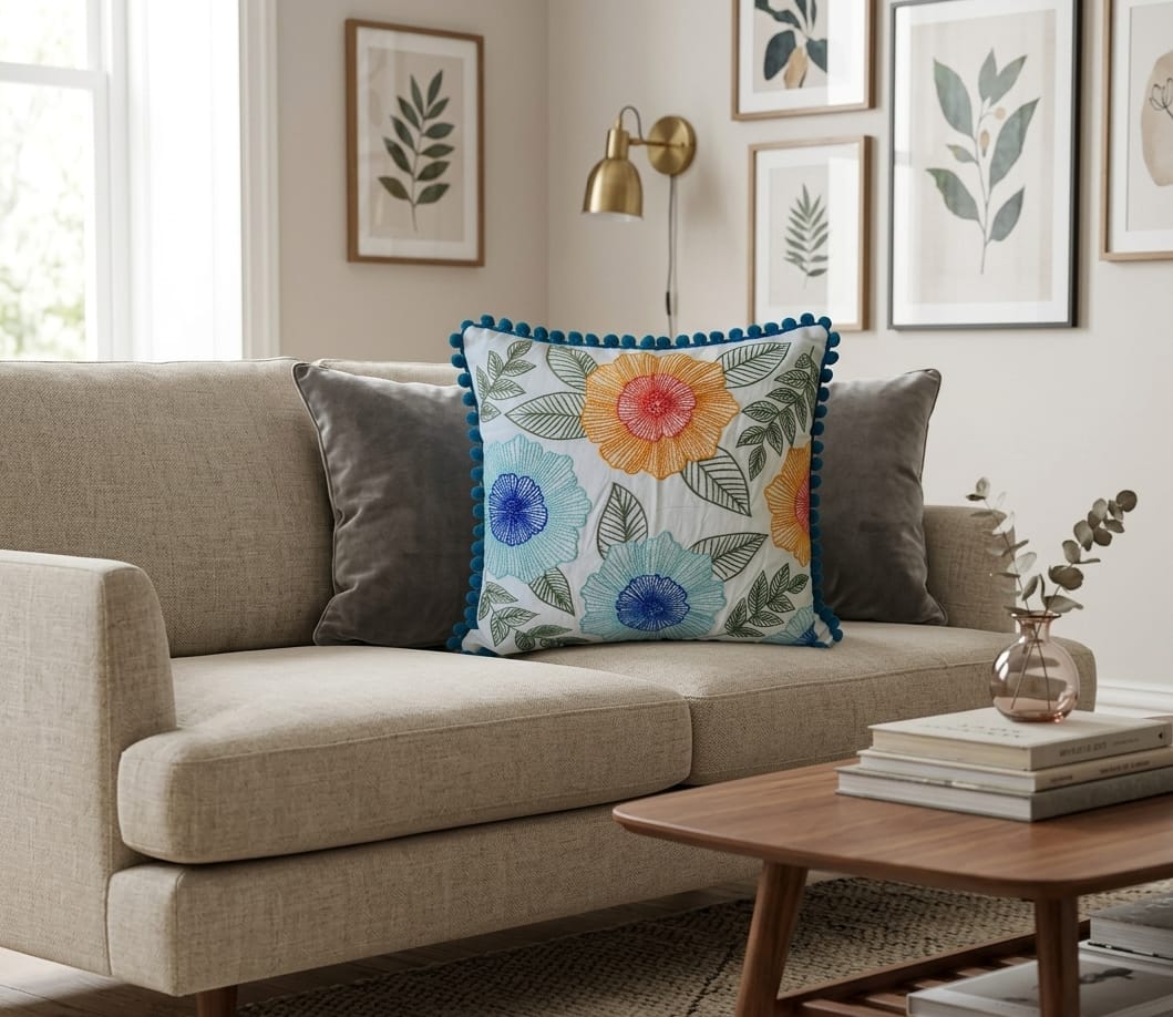 Colorful Floral Embroidered Cushion Cover with Pom Pom Border | Decorative Boho Throw Pillow